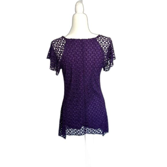 ROSALIE Asymmetrical Flutter Sleeve Lace Short Sleeve Top Royal Purple, Size S - Picture 2 of 5